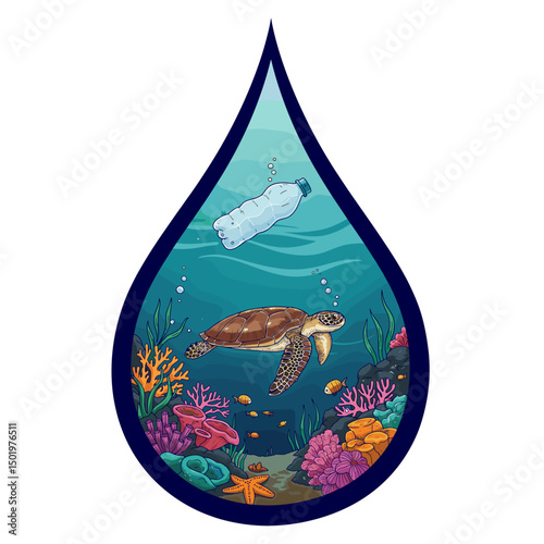 Ocean pollution awareness with turtle and plastic bottle inside water droplet