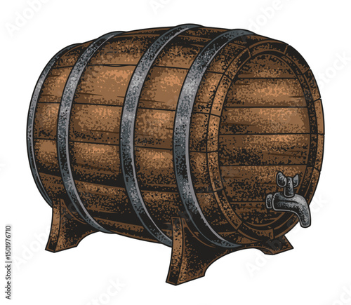 Rustic wooden beer barrel with tap for brewing