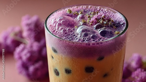   A macro shot of a beverage in a tumbler on a coffee table with lavender residue around the rim
