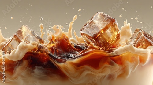   A glass of milk with ice cubes and a splash of liquid on top