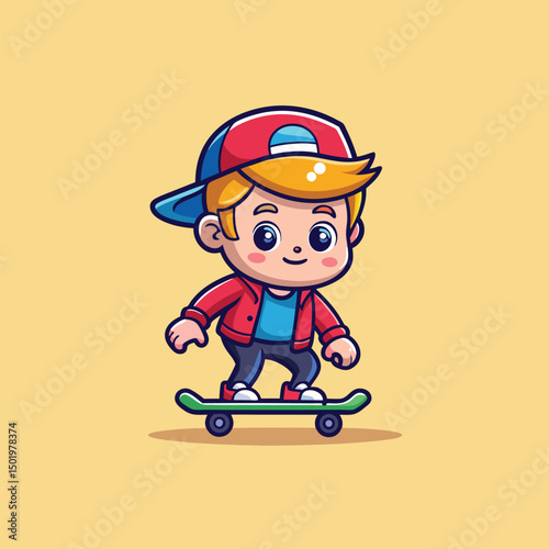 Cute cool boy skateboarding cartoon vector icon