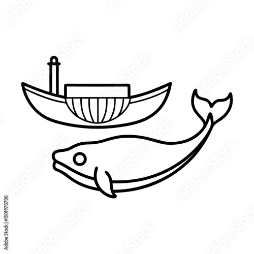 Stylized Whaleboat Whale Line Drawing Vector Artwork
