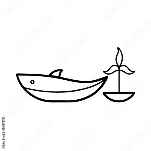 Minimal Whaleboat Whale Sketch in Outline Style