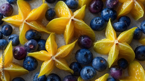   A close-up of blueberries and other fruits on a table, featuring a star fruit on top