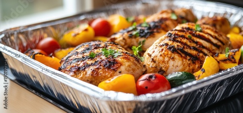 Grilled Chicken Breast with Roasted Vegetables in Aluminum Foil Pan