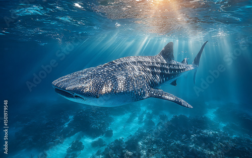 whale shark swimming under clear ocean surface with sunbeams shining through water, majestic marine wildlife scene highlighting peaceful underwater biodiversity in blue tropical sea
