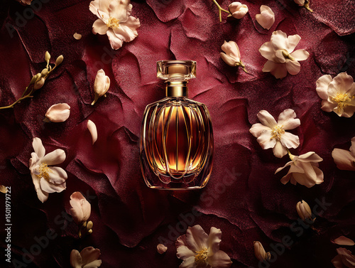 elegant golden perfume bottle surrounded by white flowers on red textured background