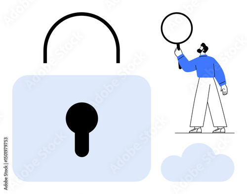 Man holding magnifying glass inspecting oversized lock, symbolizing security, cloud access, and data protection. Ideal for cybersecurity, privacy, investigation, network safety, IT solutions