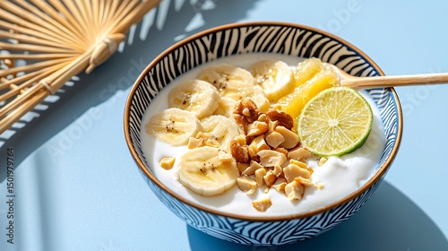 Bright and breezy food styling of yogurt with caramelized banana slices, toasted macadamia nuts, pineapple chunks, and fresh lime zest on a bold patterned plate with a woven fan in frame