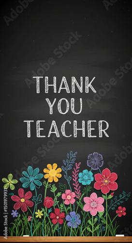 Floral Chalkboard: Thank You Teacher with Colorful Flowers