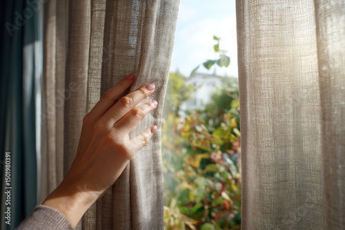 Woman's hand opening curtains to let sunlight in.
