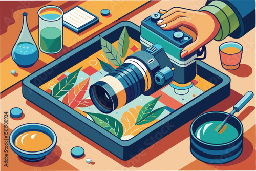 Creative hand using a camera to capture vibrant vector illustrations and clipart elements in a colorful laboratory setup with various supplies
