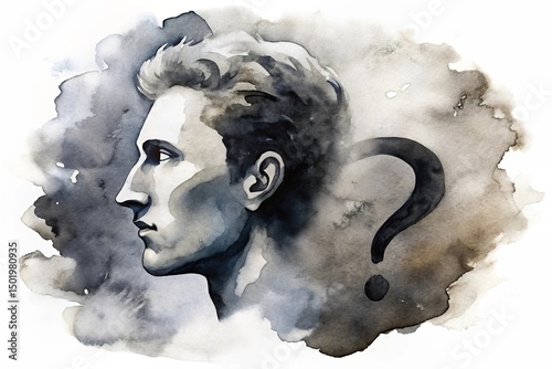 A man contemplates life s mysteries a question mark hangs in the air thoughts swirling in monochrome