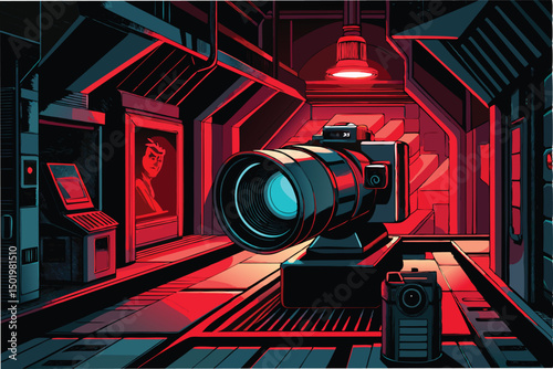Creative vector illustration featuring a large camera in a futuristic photography studio with dramatic lighting
