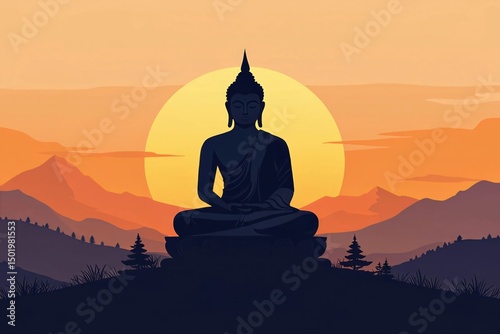Buddha in meditation on a hilltop at sunset finds inner peace surrounded by mountains and glowing