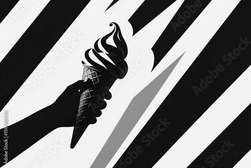 An ice cream cone a tempting treat held up against bold contrasting stripes Monochromatic and