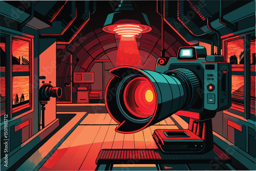 Creative vector illustration featuring a large camera in a futuristic photography studio with dramatic lighting