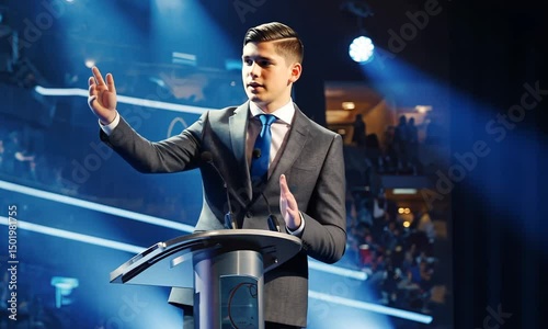 Young Leader Delivering a Speech on Stage to a Large Audience
