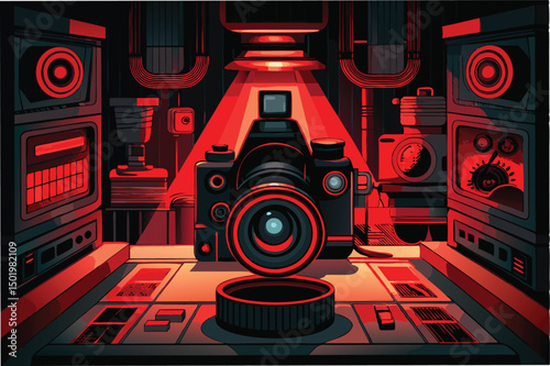 Creative vector illustration featuring a large camera in a futuristic photography studio with dramatic lighting