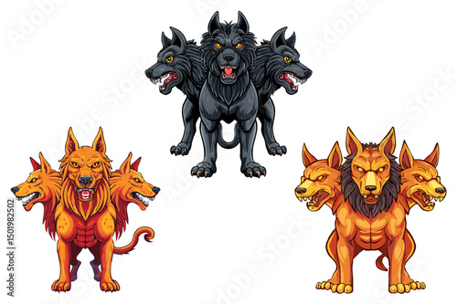 Cerberus hellhound Mythological three headed dog the guard of entrance to hell, Hound of Hades, Cerberus three headed dog, Standing pose, front view, set