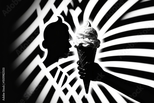 Sweet temptation a silhouette craves a creamy ice cream against a bold striped backdrop in stark