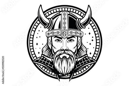 Black and white portrait of a frowning angry Celtic warrior in a horned helmet, Viking or Gallic warrior, 