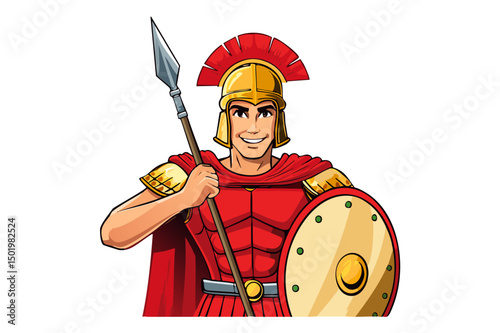 Roman centurion, Roman soldier in a helmet with crest, with a shield and a spear, Roman legionary soldier