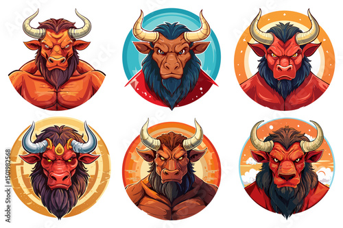 Head of a minotaur from greek mythology, head of an angry bull, Minotaur the Mythical Ancient Creature, Fantastic mythological creature, Ancient Greek monster Minotaur, Half man half bull, set