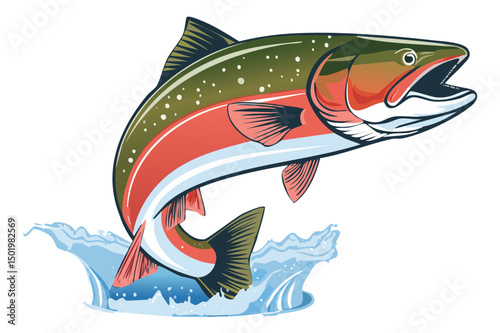 Illustration of a jumping atlantic salmon fish (Salmo salar) Leaping Salmon isolated on white background, fish jumping out of water, Salmon fish jumping out of river water