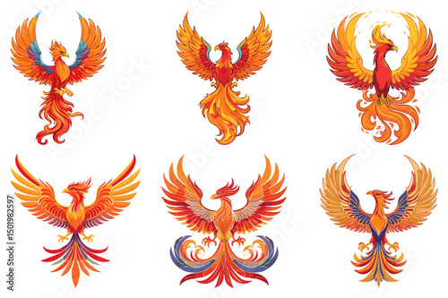 Glowing mythological Fantasy Phoenix Bird, Fire burning Phoenix Bird, Phoenix Bird Vibrant Flame, set