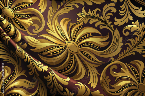 Intricate golden floral pattern designed with elegant swirls and details suitable for wallpaper or textile use, capturing luxury and sophistication in a vintage style