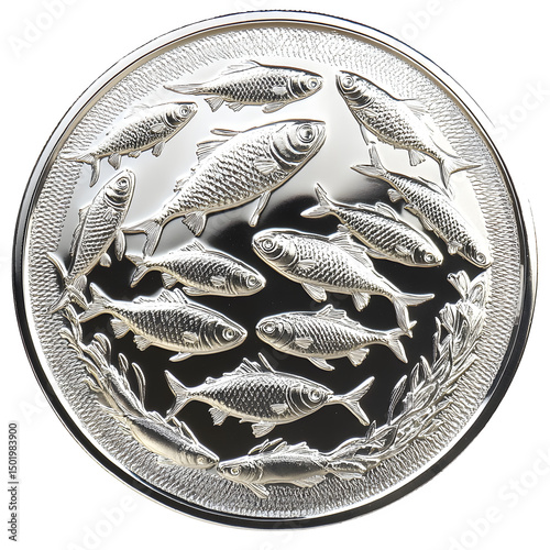 shiny embossed silver coin on clean white background, featuring a school of fish swimming in a circle, metallic coin surface, no writing, --raw