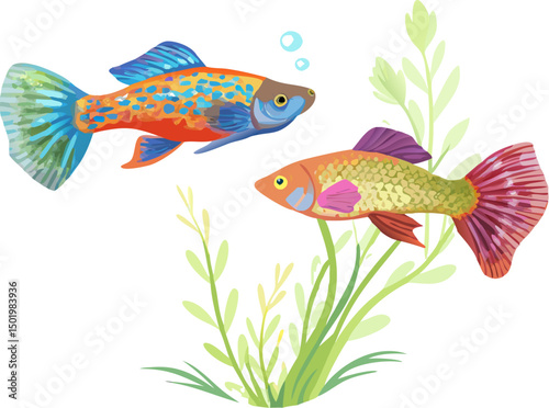 Colorful cartoon fish swimming in blue water with a tropical underwater background