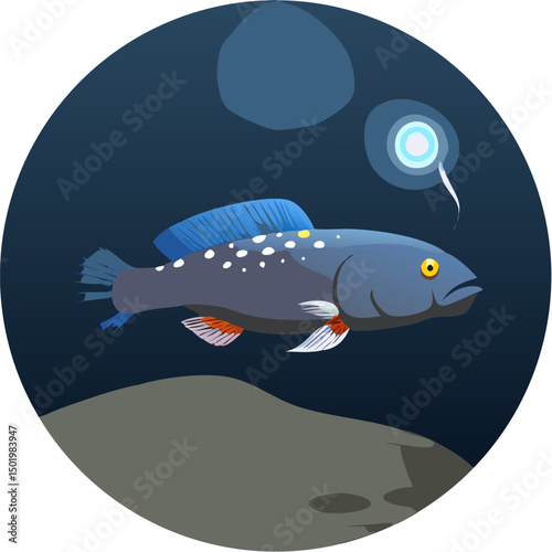 Cartoon shark with a big fish underwater illustration with ocean and marine life elements