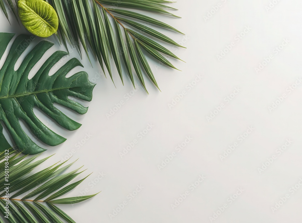 Obraz premium A white background features summer tropical leaves and ample copy space