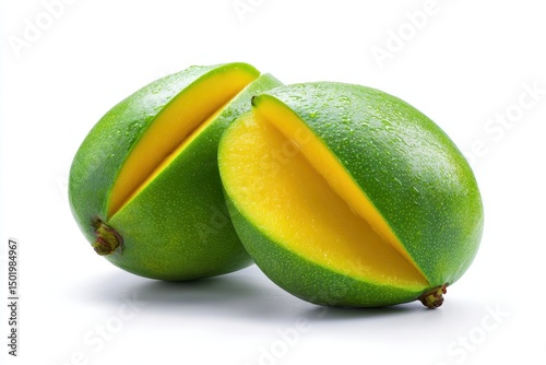 Whole green mango with half cut and slice isolated on white background