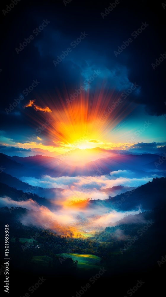 Obraz premium Vibrant sunrise bursting through dark clouds over a misty mountain valley, painting the landscape in warm and cool hues