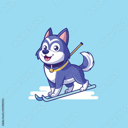Cute husky dog playing ski cartoon vector icon