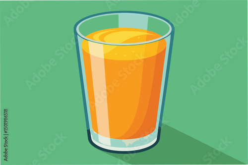 Freshly squeezed orange juice served in a clear glass on a vibrant green background