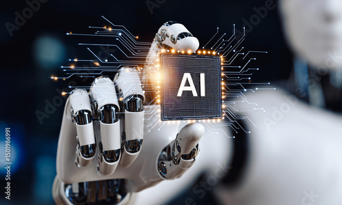 Robotic hand holding AI chip. Futuristic artificial intelligence technology concept for automation, innovation, and machine learning visuals.