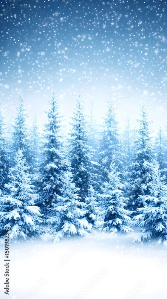 Obraz premium Snow-laden evergreen trees stand tall against a softly falling snow and a twilight blue sky