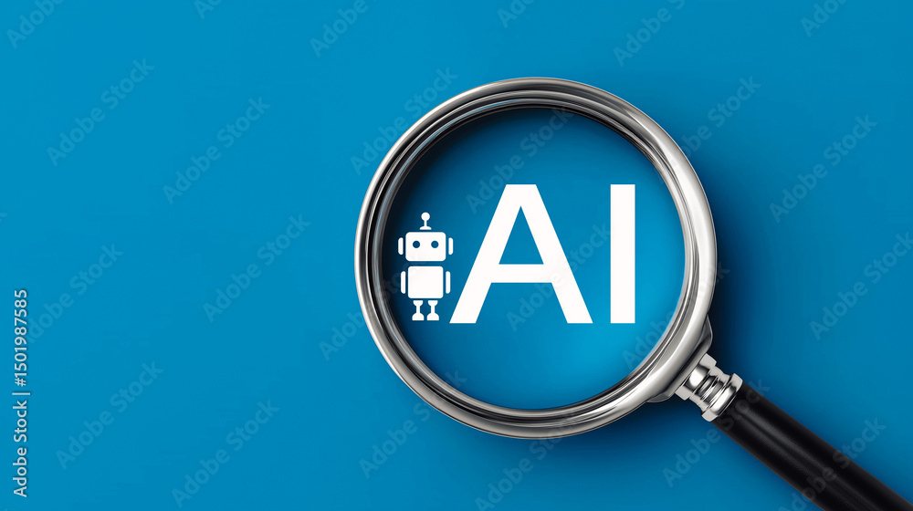 Magnifying glass focusing on AI letters with robot icon. Concept of artificial intelligence, data analysis, innovation, and future technology. Magnifying glass focusing on AI letters with robot icon. Concept of artificial intelligence, data analysis, innovation, and future technology.