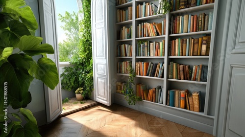 Large bookcase filled with volumes of books of different sizes in a home library with an open door to a green garden.