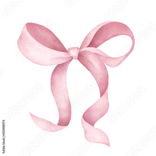 Pink ribbon bow in watercolor style. Hand-painted illustration on white. Clipart for invitations, greeting cards, feminine branding, and festive decorations.