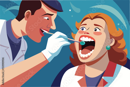 Dental checkup with a young patient receiving treatment at a clinic while a dentist uses a tool to examine teeth and gums