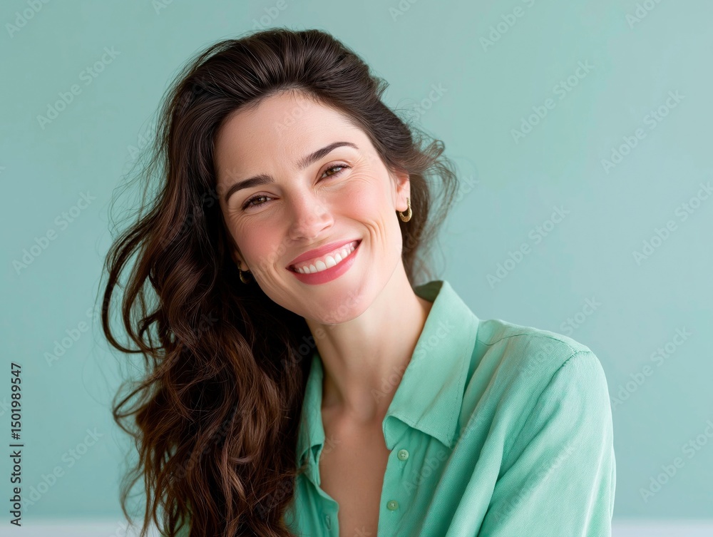Smiling woman with long dark hair wearing a light green shirt, poses against a soft pastel background, radiating warmth and positivity in a cheerful atmosphere Smiling woman with long dark hair wearing a light green shirt, poses against a soft pastel background, radiating warmth and positivity in a cheerful atmosphere
