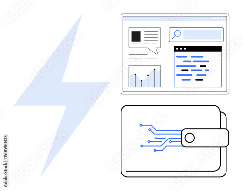 Lightning bolt alongside dashboard showcasing charts, search bar, and data insights paired with a tech-inspired digital wallet. Ideal for fintech, online payment, data analytics, cryptocurrency