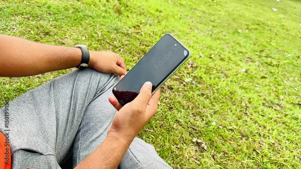 Man Using Smartphone While Sitting on Green Grass in Park, Typing and Reading Messages


