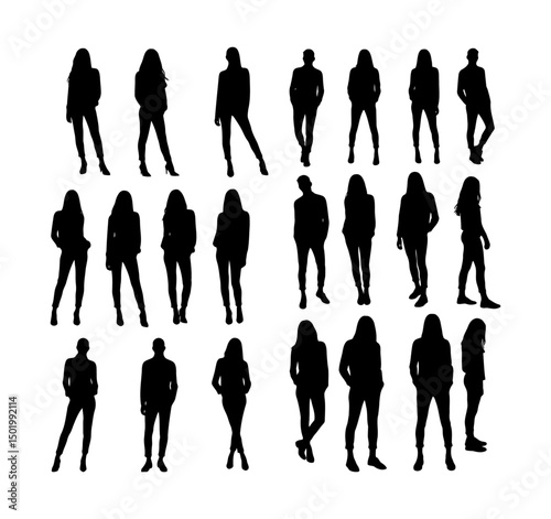 A set of fashion models standing, walking, and posing in elegant runway silhouettes, showcasing diverse and stylish outfits—ideal for fashion industry branding, editorial art, and clothing design