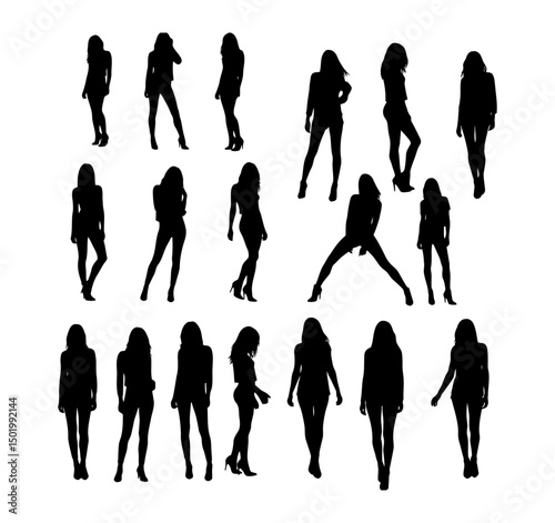 A set of fashion models standing, walking, and posing in elegant runway silhouettes, showcasing diverse and stylish outfits—ideal for fashion industry branding, editorial art, and clothing design